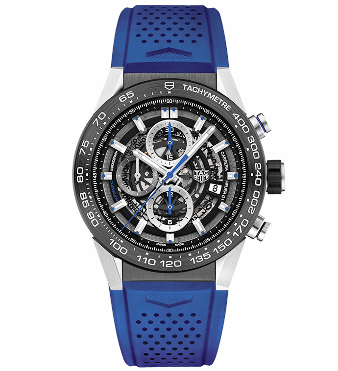 Calibre Heuer 01 Chrono, Skeleton Dial, Blue Rubber Strap, XF, A1887