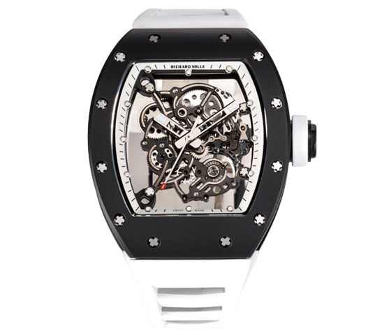 RM055 Black Ceramic BBRF Skeleton White Dial on White Rubber Strap RMUL2