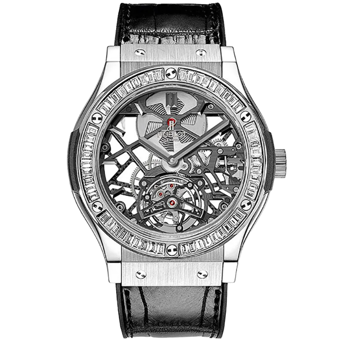 Classic Fusion Skeleton JBF Skeleton Dial Diamond Bezel On Leather Strap HUB0610