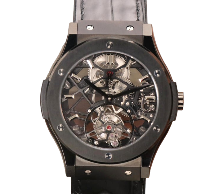 Classic Fusion Skeleton JBF Skeleton Dial Ceramic Bezel On Leather Strap HUB0610