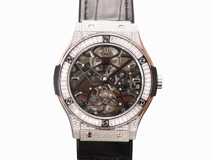 Classic Fusion Skeleton JBF Diamond Bezel & Case On Leather Strap HUB0610