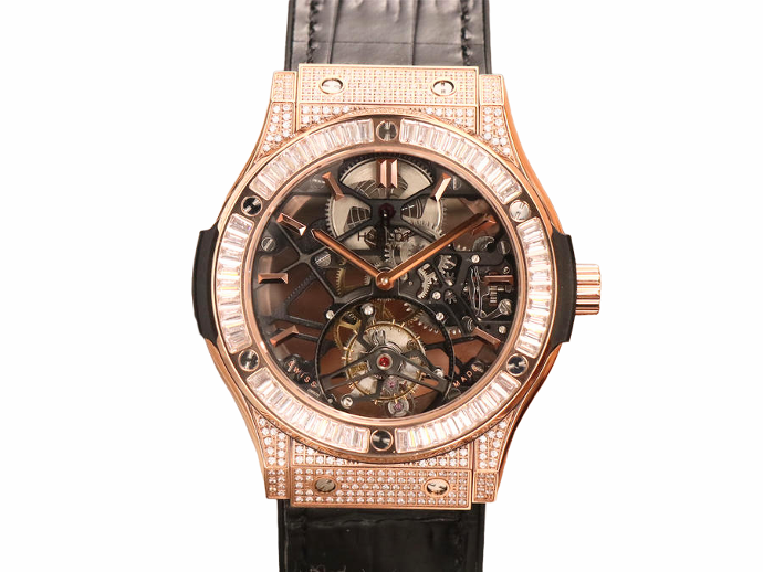 Classic Fusion Skeleton JBF Diamond Bezel & Case On Leather Strap HUB0610