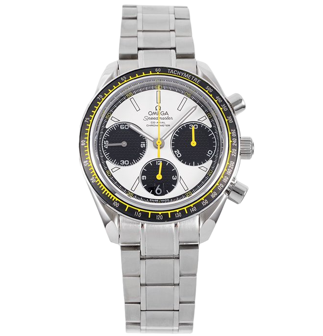 Speedmaster Racing Chronograph, HR, Yellow Hands, White Dial, Black Tachymeter Bezel