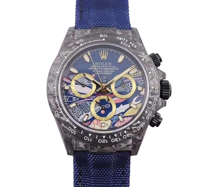 Daytona DIW Carbon, OMF, Fish Print Dial on Blue Nylon Strap, A7750