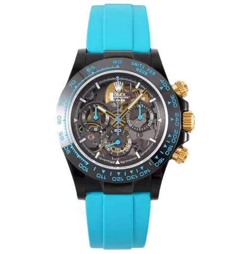 Blaken Daytona, PVD Ceramic Bezel, GETF, Skeleton Cyan Dial on Cyan Rubber Strap, SA4130