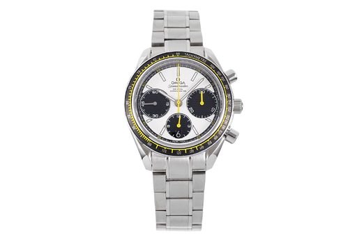 Omega HRF Speedmaster Racing Chronograph 40 Yellow Hands White Dial Black Tachymeter Bezel on SS Bracelet C3330