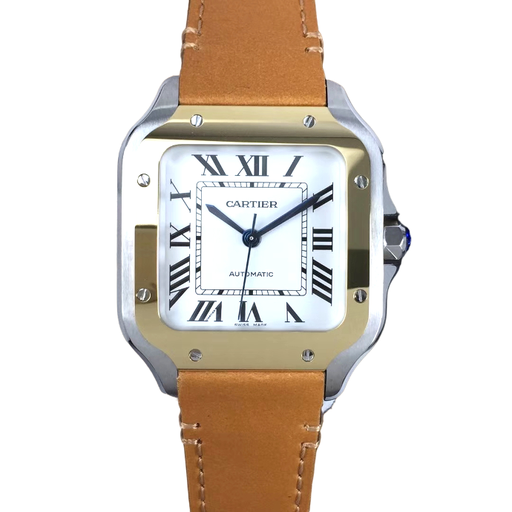 Santos de Cartier, 40mm, 3KF, White Dial YG Bezel on Brown Leather Strap, MIYOTA 9015