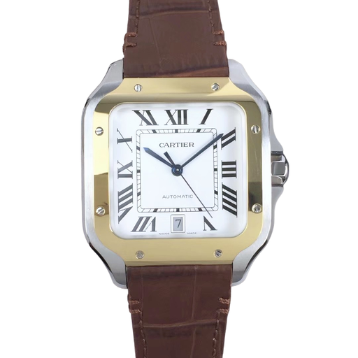 Santos de Cartier, 40mm, V6F, White Dial, YG Bezel on Deep Brown Leather Strap MIYOTA 9015