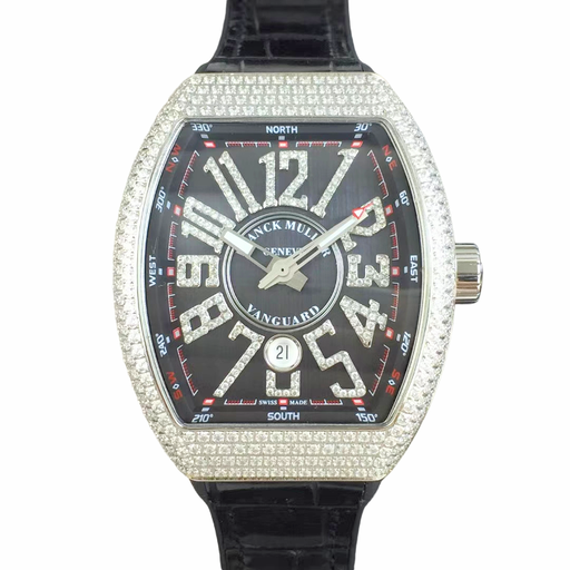 Vanguard V45 SS Full Diamonds OXF Black Textured Dial Diamonds Markers on Black Gummy Strap A2824