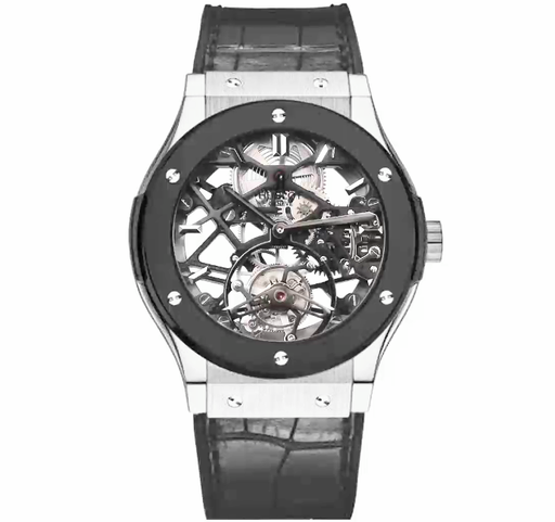 Classic Fusion Skeleton JBF Skeleton Dial Ceramic Bezel On Leather Strap HUB0610