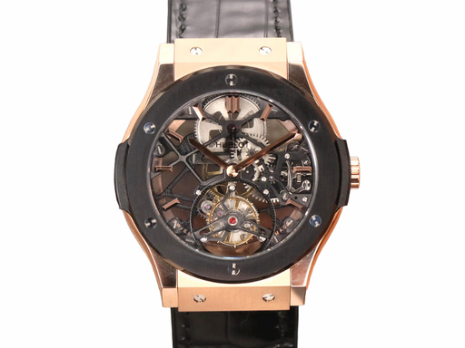 Classic Fusion Skeleton JBF Skeleton Dial Ceramic Bezel  On Leather Strap HUB0610