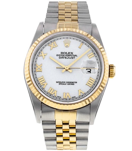 DateJust 126233, 36mm, Gold Plated, White Dial, Roman Markers on Jubilee Bracelet