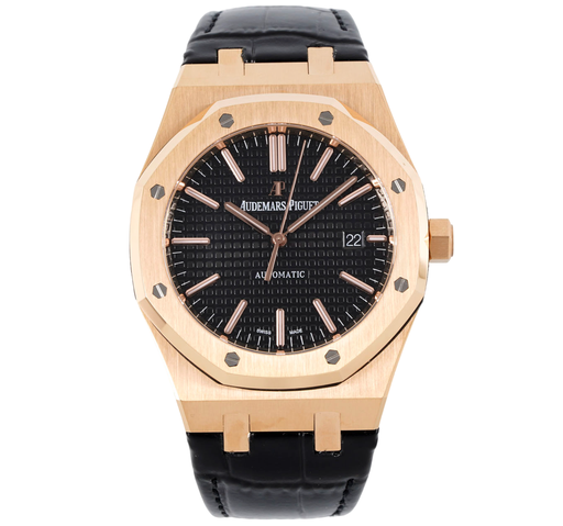 Royal Oak 15400, 41mm, Rose Gold, Black Textured Dial on Black Leather Strap